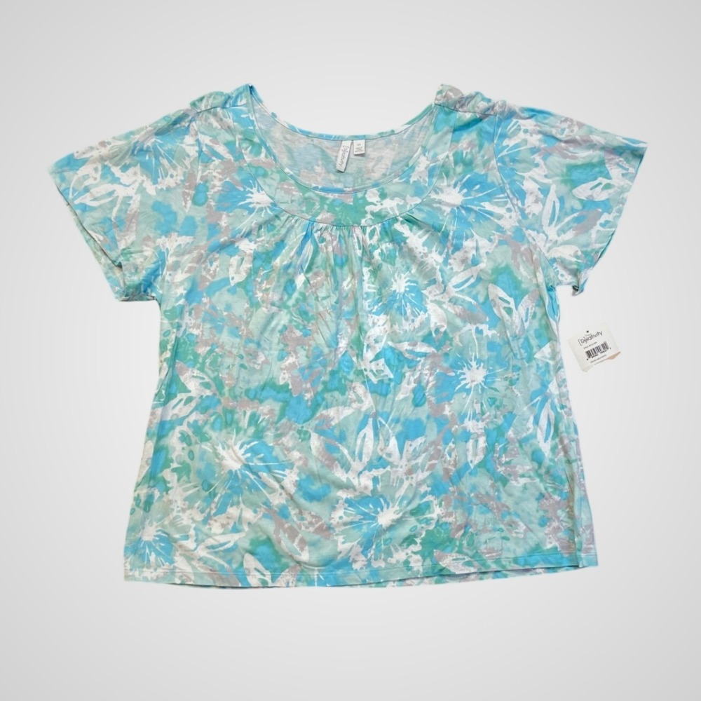 Relativity Floral Tie Dye Top Womens 2X Aqua NEW Short Sleeve Cotton Scoop Neck